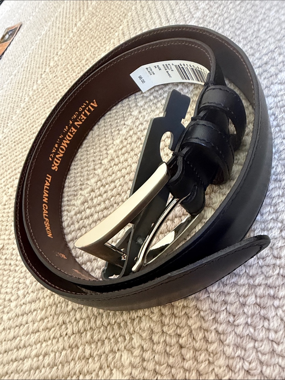 Allen Edmonds Black Leather Belt with Silver Buckle
